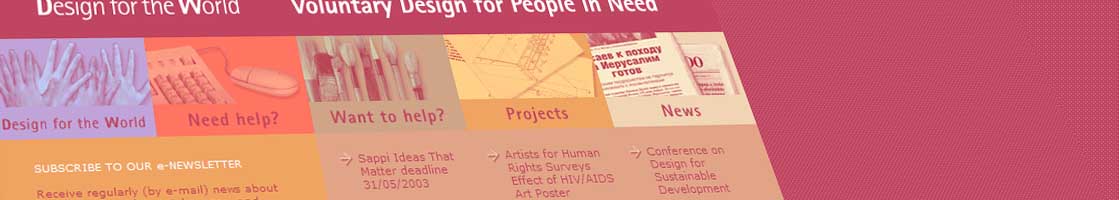 Header image for the business responsibility links' page from 2003, showing a tinted, skewed screenshot from Design for the World's website